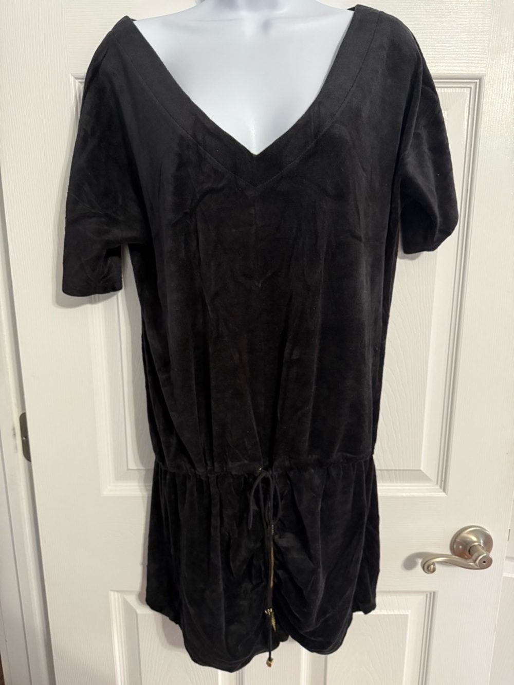 Black velour V-Neck Drawstring Mini Dress - like new
